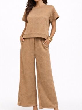 Love Poem Wide-Leg Cropped Knit Pant Lounge Set - Camel Size 2X